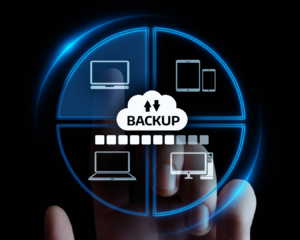Computers, ipads, phones and other devices showcase the importance of backup with a lock in the center of the image